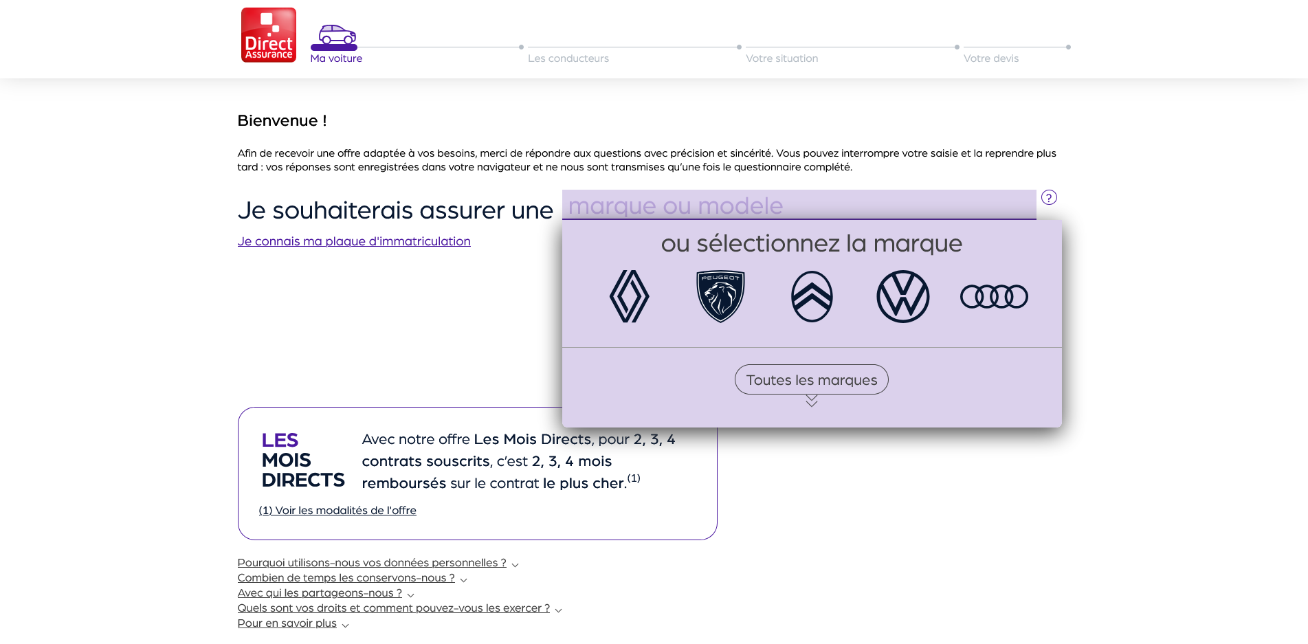 Question du devis automobile Direct Assurance avec sélection de la marque du véhicule.